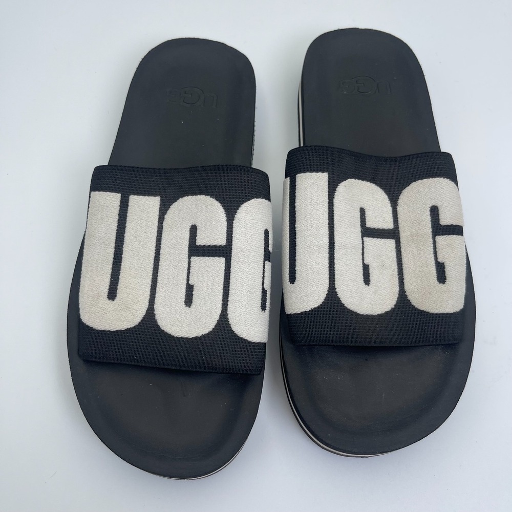 UGG Zuma Graphic Slides Womens US 7‎ Black White Elasticated Foot Strap Sandals